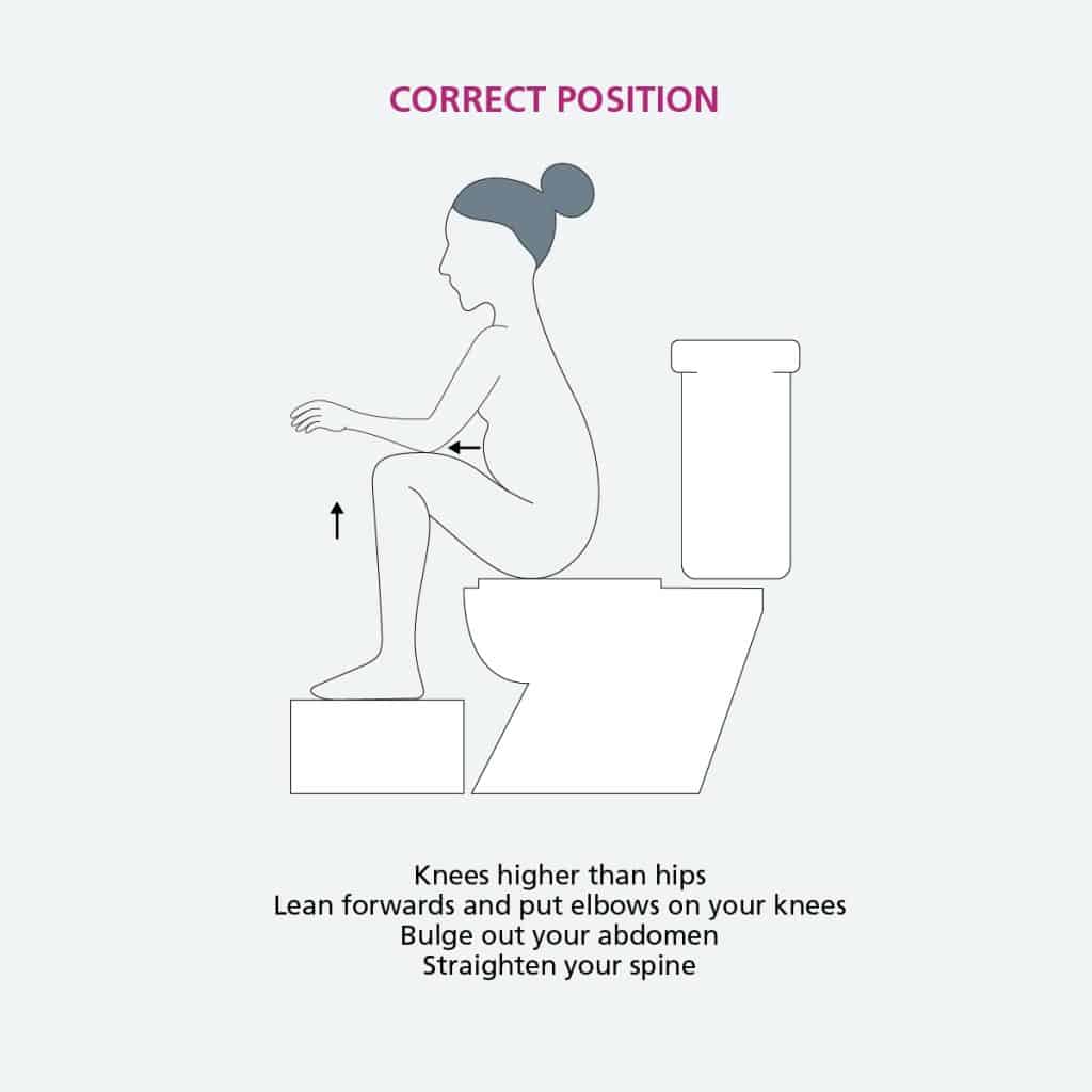 Visual representation of the correct position to sit on the toilet, as explained in the information on the page.